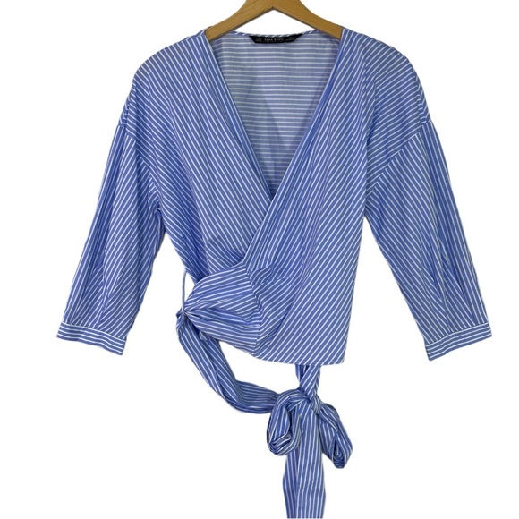 Zara Blue White Stripe Short Shirt Wrap Around Size Small - Picture 4 of 8